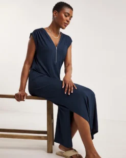Viscose Elastane Midi T-Shirt Dress With Zip V-Neck