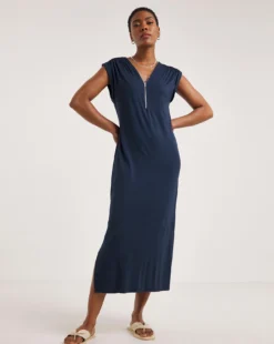 Viscose Elastane Midi T-Shirt Dress With Zip V-Neck -Cheap Wovinity Store y01wm973721w