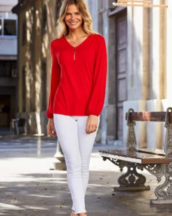 Sosandar Zip Front Jersey Top| Red -Cheap Wovinity Store y01yu638502s