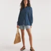 Dark Blue Volume Sleeve Soft Lyocell Denim Blouse| Dark Blue