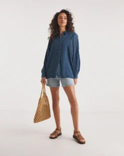 Dark Blue Volume Sleeve Soft Lyocell Denim Blouse| Dark Blue