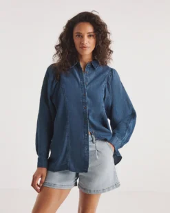 Dark Blue Volume Sleeve Soft Lyocell Denim Blouse| Dark Blue -Cheap Wovinity Store y01yy881707w
