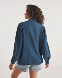 Dark Blue Volume Sleeve Soft Lyocell Denim Blouse| Dark Blue -Cheap Wovinity Store y01yy881708w