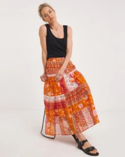 Joe Browns Perfect Patchwork Tassel Tie Skirt| Orange Multi