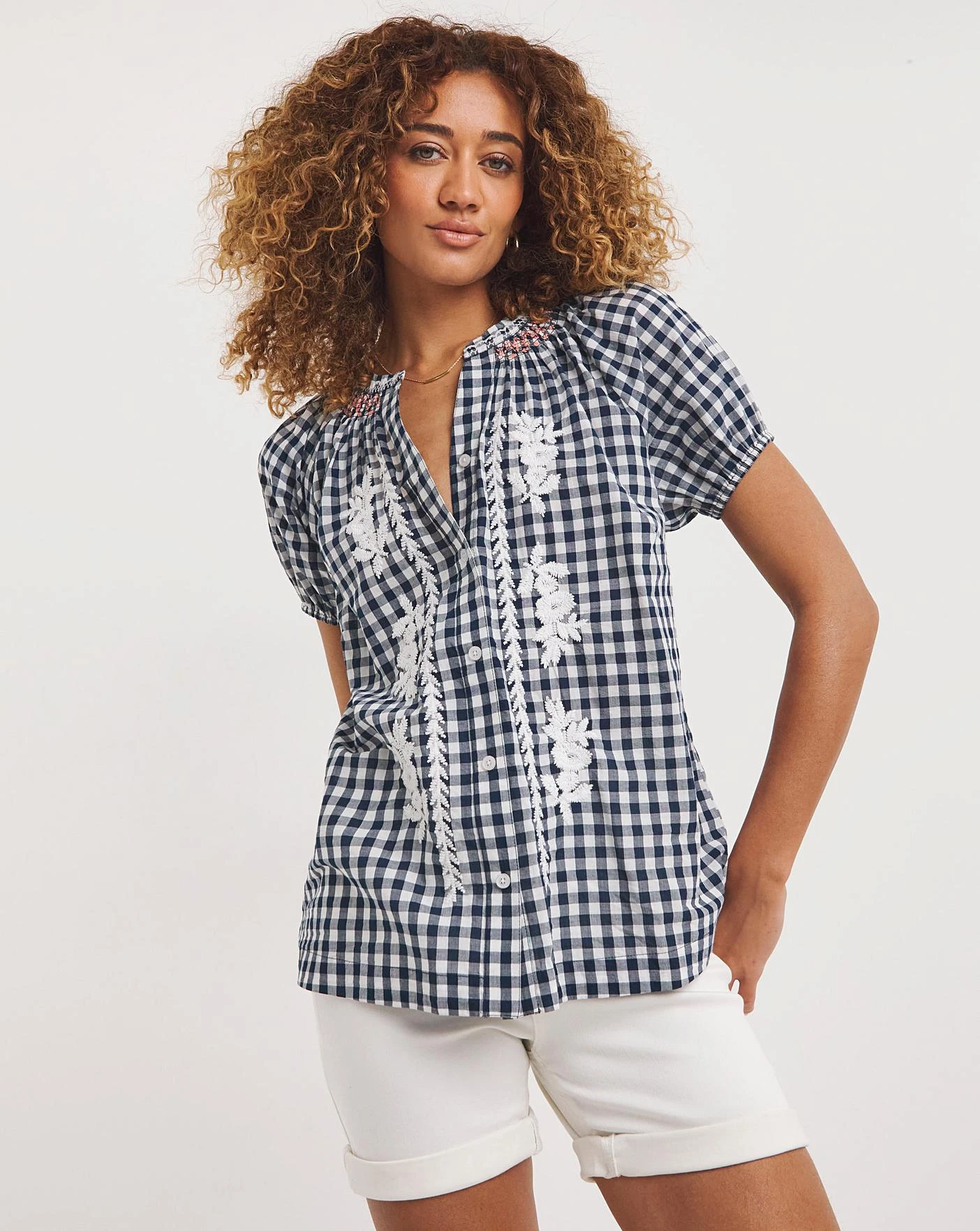 Joe Browns Gorgeous Embroidered Gingham Blouse| Navy Multi 2 Joe Browns Gorgeous Embroidered Gingham Blouse| Navy Multi - Image 2