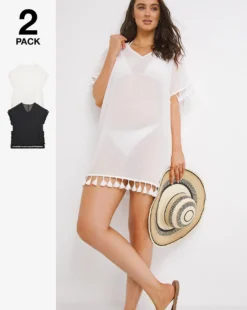 Simply Be Value 2 Pack Beach Kaftans| Black/White