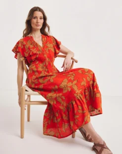 Julipa Flutter Sleeve Pintuck Dress| Red Print