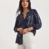 Julipa Lace Trim Button Down Blouse| Navy Print
