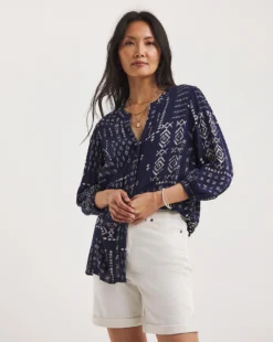 Julipa Lace Trim Button Down Blouse| Navy Print