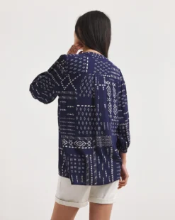 Julipa Lace Trim Button Down Blouse| Navy Print -Cheap Wovinity Store y07eg610727w