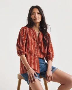 Julipa Lace Trim Button Down Blouse| Stripe