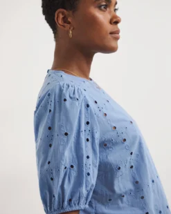 Blue Puff Sleeve Broderie Top| Blue -Cheap Wovinity Store z01gp445748w