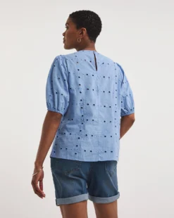 Blue Puff Sleeve Broderie Top| Blue -Cheap Wovinity Store z01gp445751w