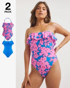 Simply Be Value 2 Pack Swimsuits| Floral Print/ Blue